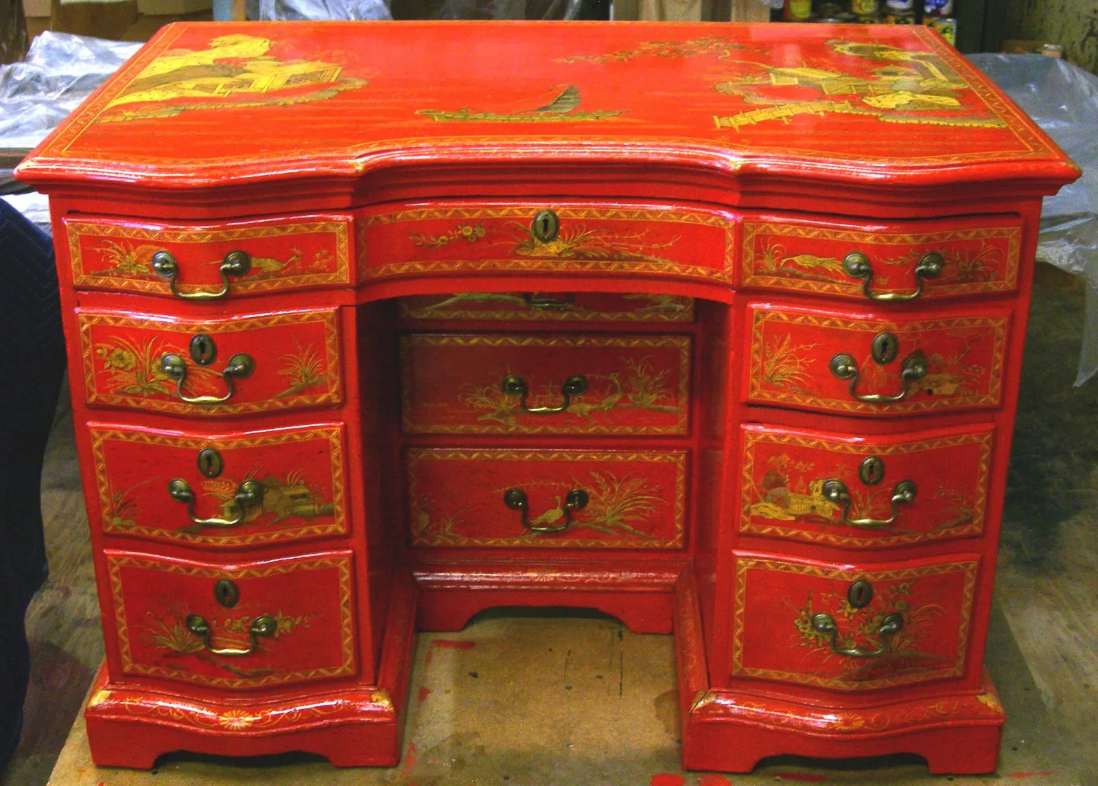 Chinese cinnabar parcel gilt desk after conservation by Olek Inc.